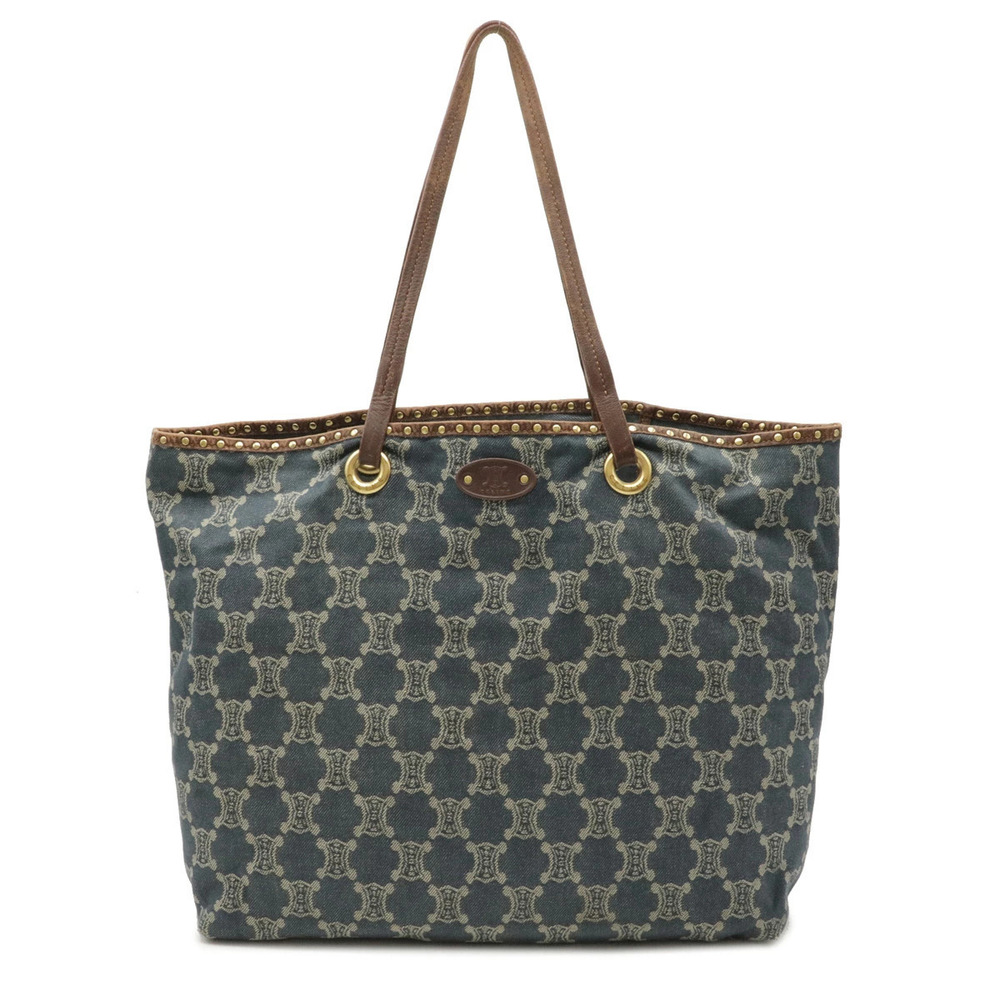 Celine Macadam Denim Tote Bag Shoulder Strap Studded Leather Dark Brown